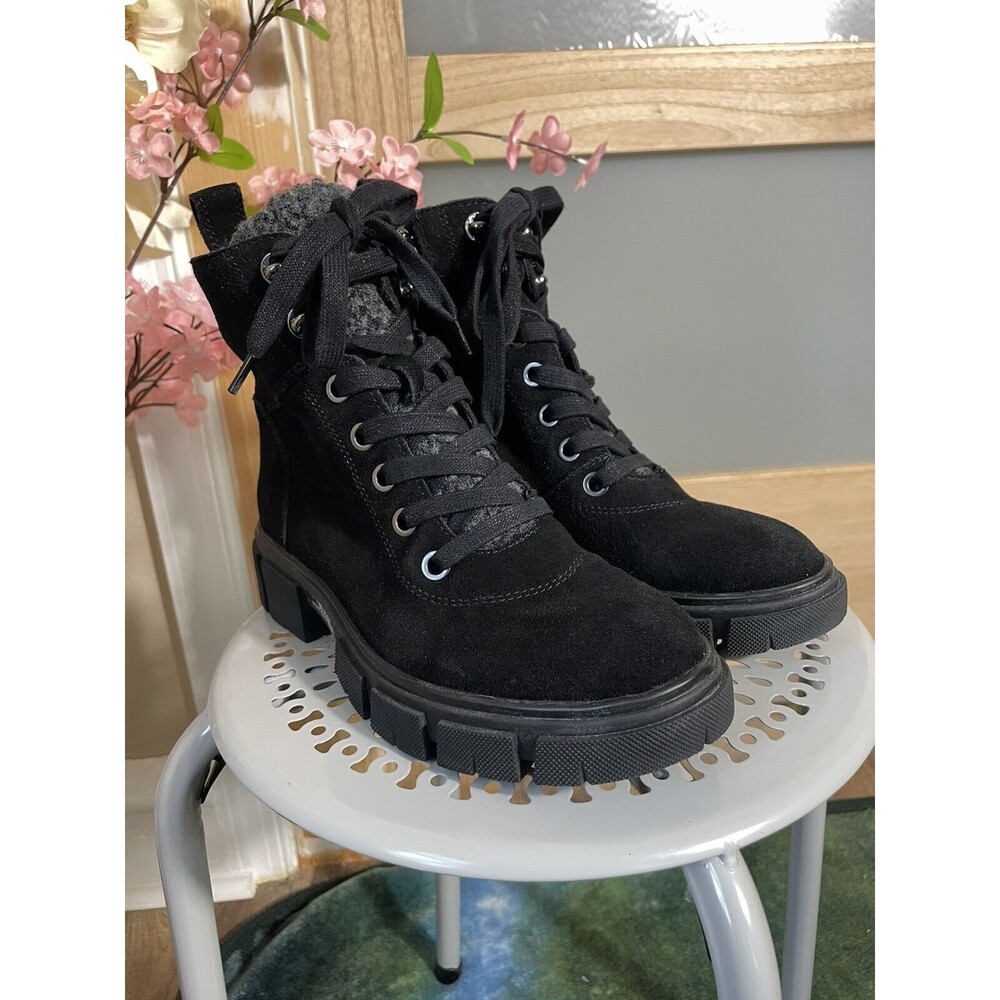 Womens Black Suede Lace-up Combat Boots Chunky Lug Sole Ankle Winter Booties 6.5